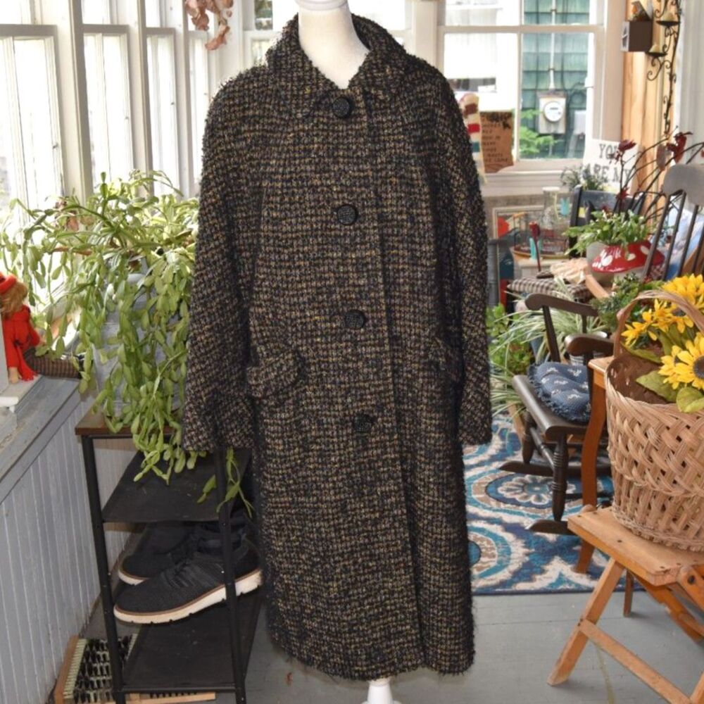 Vintage 1960s Betty Rose Bouclé Tweed Coat Black Multicolor Wool Blend XL